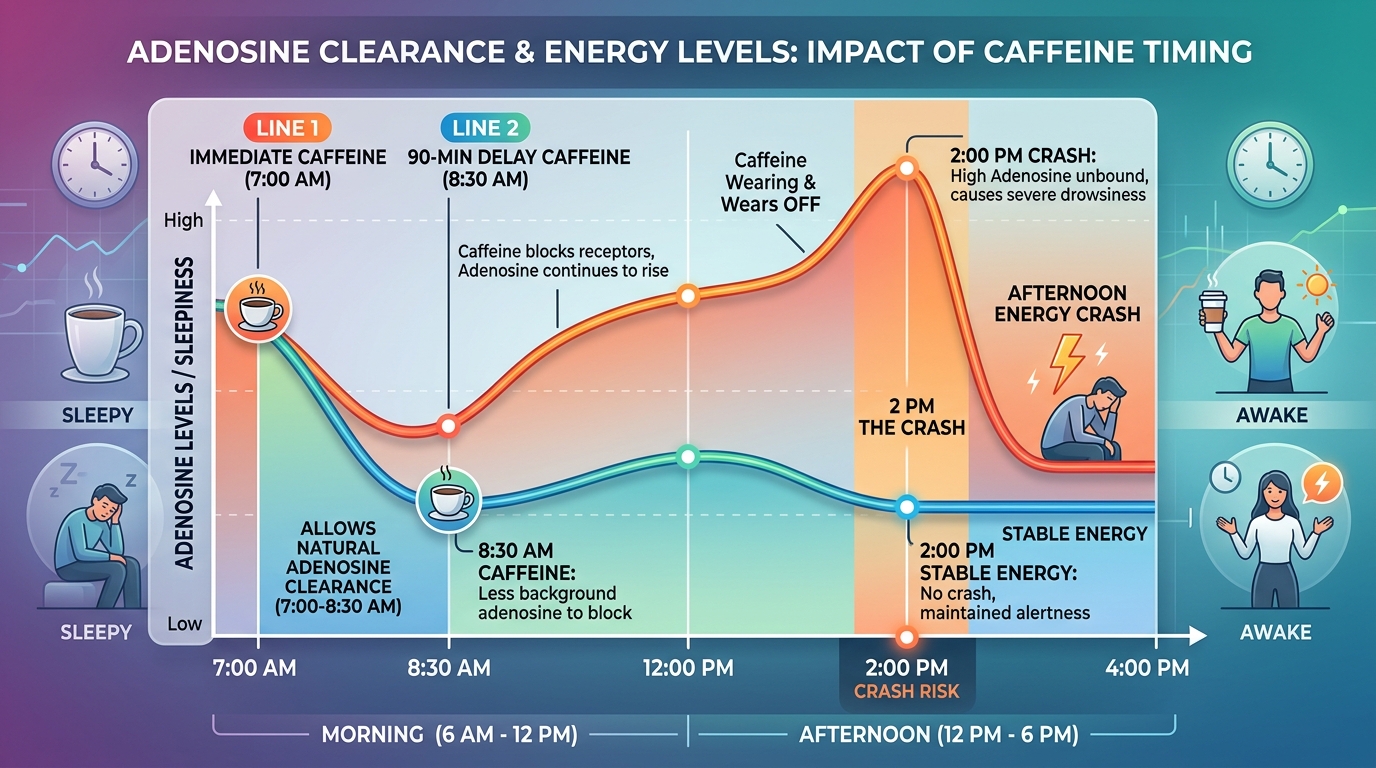 Scientific timeline visualization of adenosine accumulation versus caffeine antagonism curve showing receptor clearance over 90 minutes