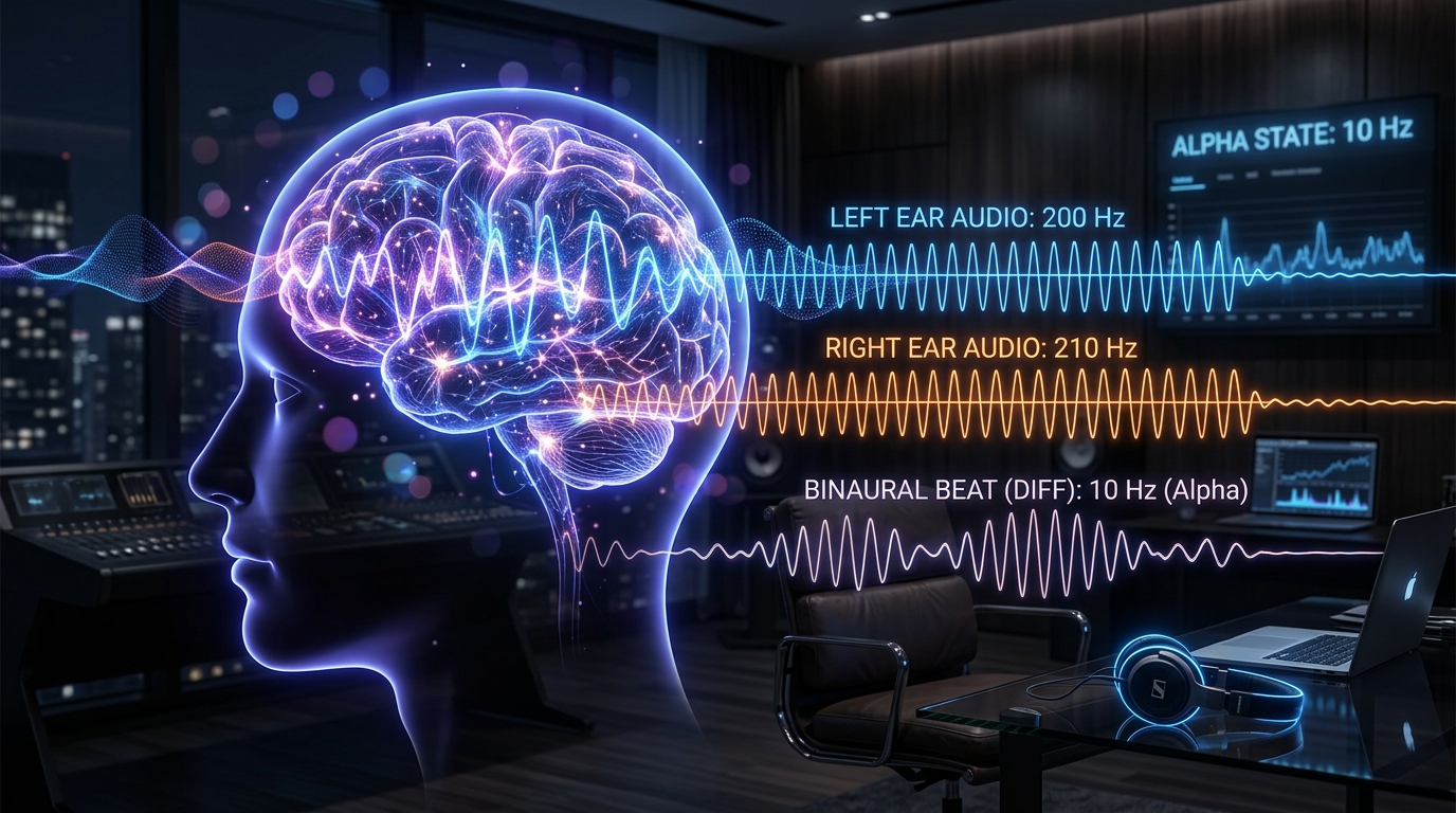Abstract visualization of brain alpha wave patterns with headphone audio waveforms showing binaural beat frequency differential on dark executive background