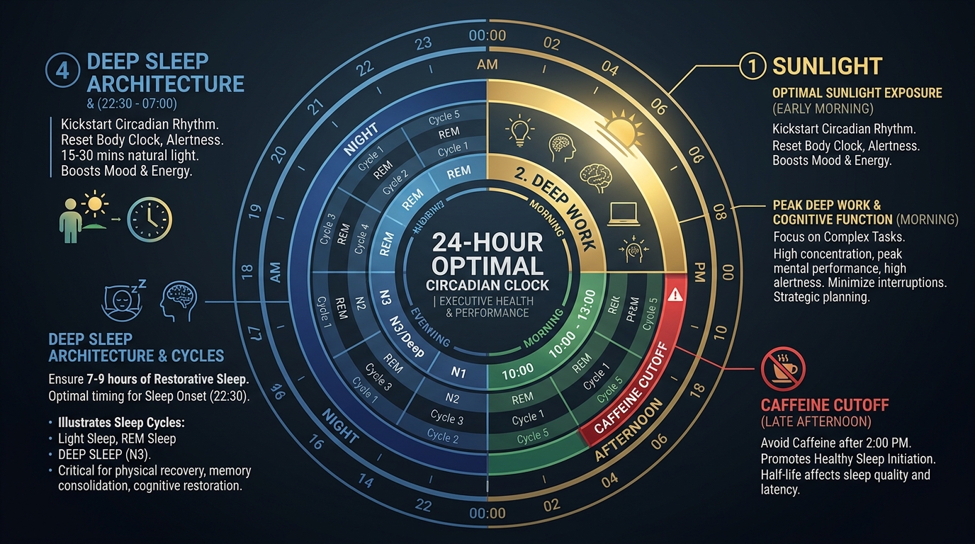 24-hour circular circadian clock infographic illustrating optimal timing for sunlight, deep work, caffeine cutoff, and deep sleep cycles