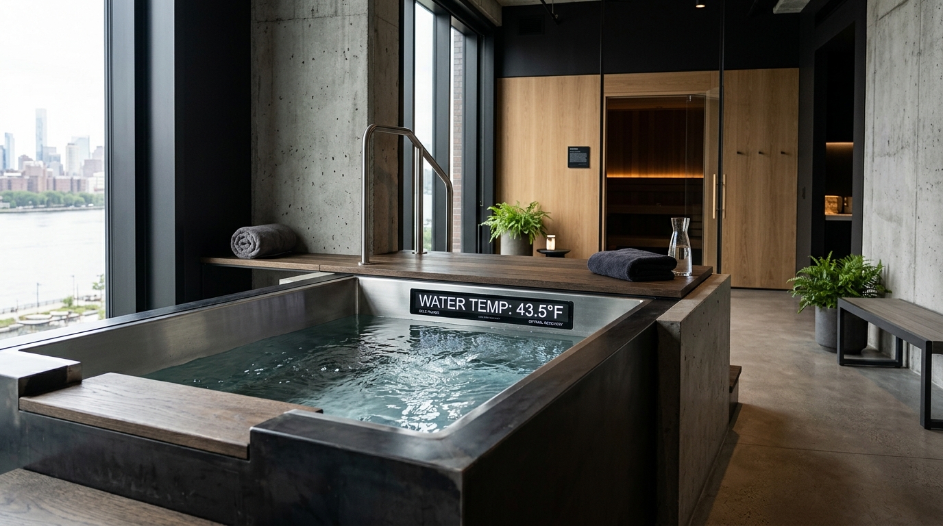 Modern cold plunge tub in executive wellness room with temperature gauge showing precise water temperature and minimalist industrial aesthetic