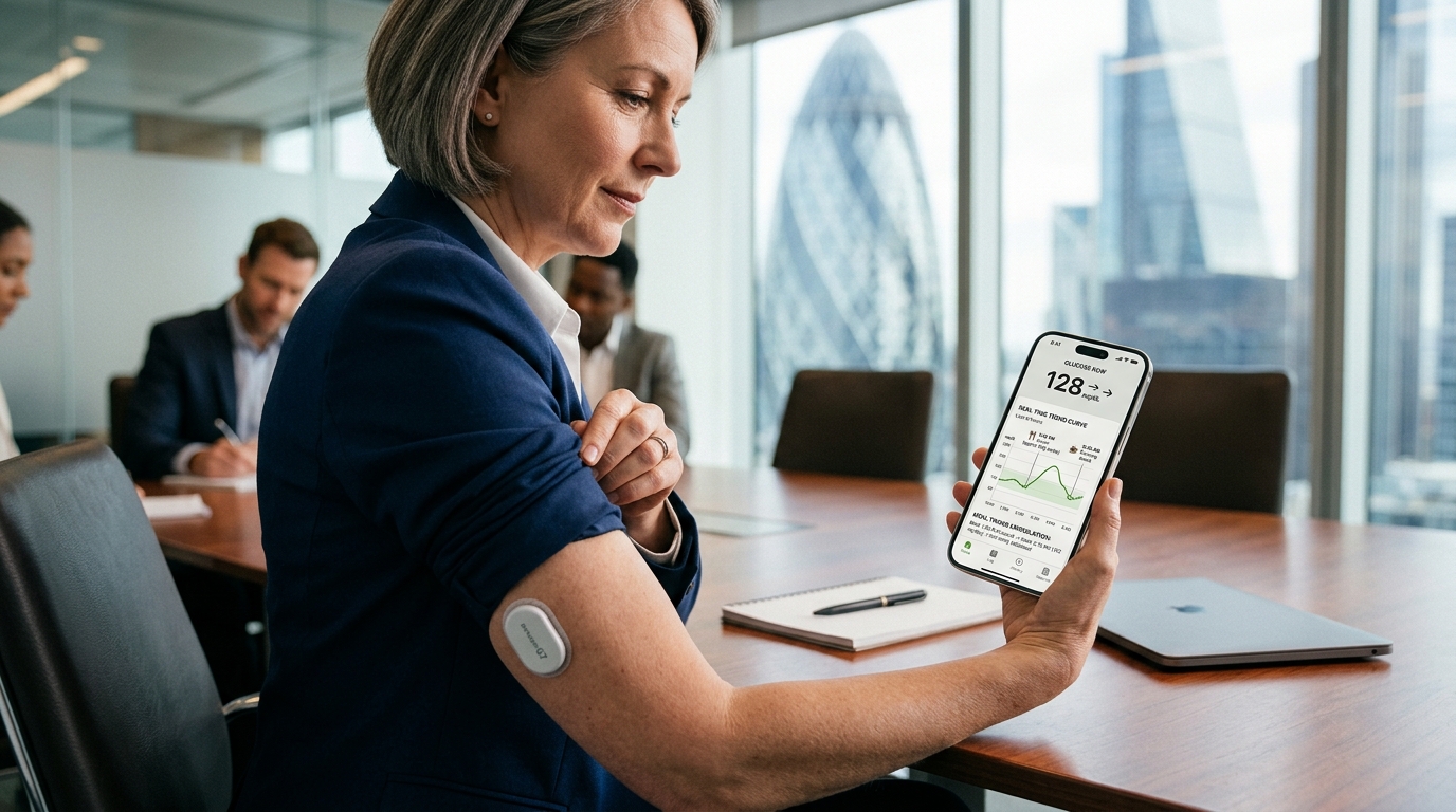 Continuous glucose monitor sensor on executive arm with smartphone app showing real-time glucose curve and meal timing correlation data