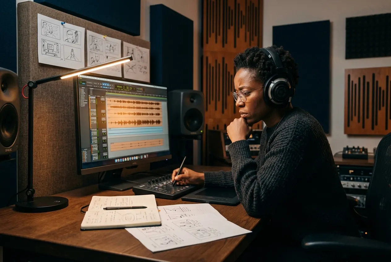 Cinematic editorial photo of a creative director in an acoustically treated studio suite reviewing storyboards and audio tracks in deep flow