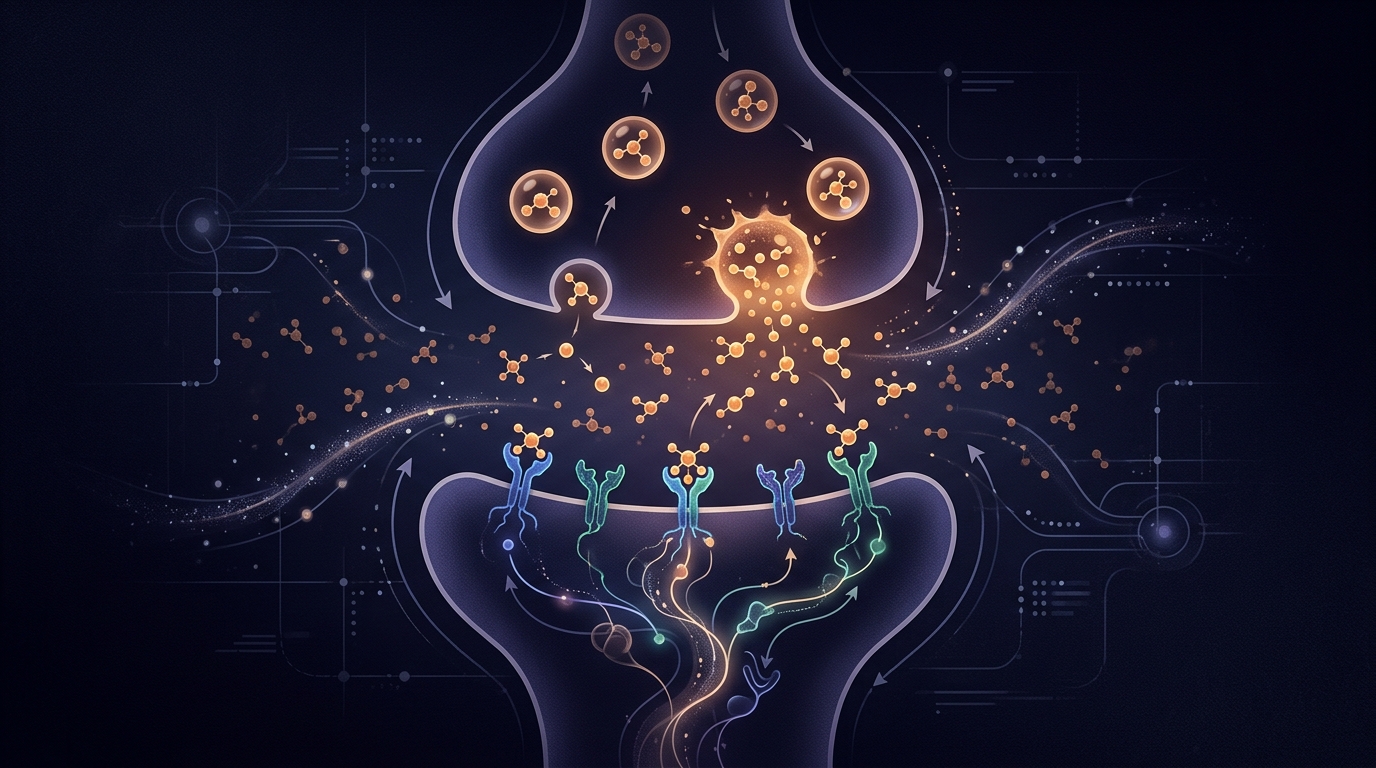 Scientific conceptual representation of synaptic dopamine transmission with glowing neural receptors and synaptic cleft against dark executive aesthetic