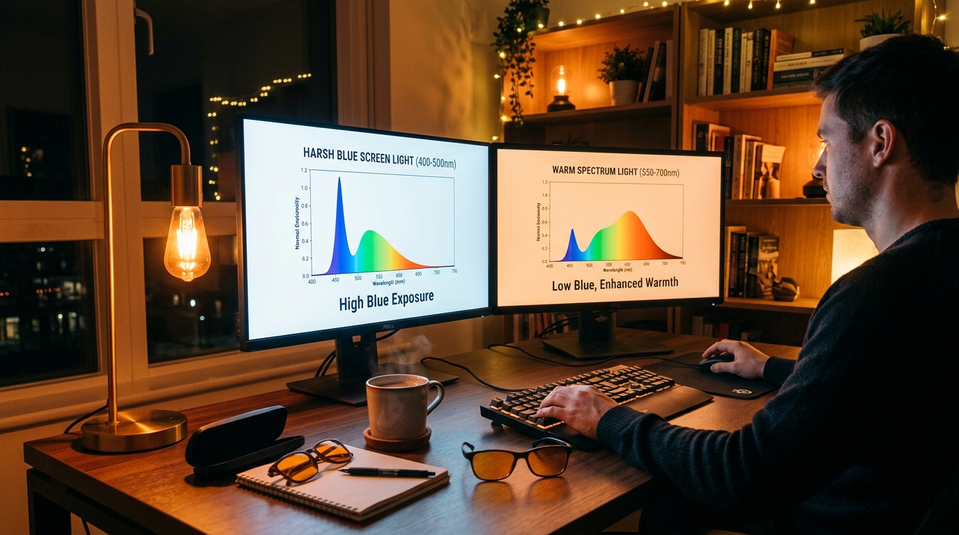 Evening home office setup with warm amber lighting, blue-blocking glasses on desk, and comparison of harsh blue screen light versus warm spectrum