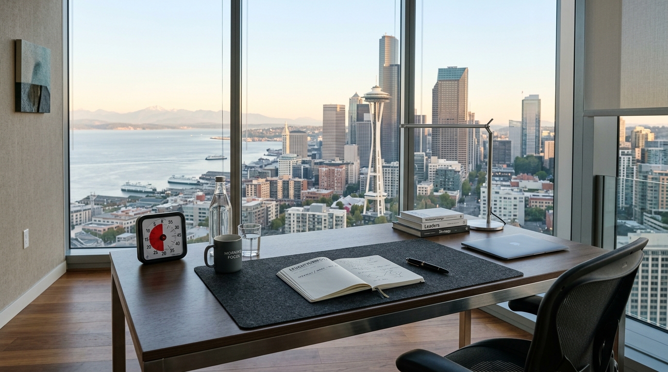Sleek minimalist executive office workspace overlooking Seattle skyline with organized desk, physical analog timer, and fountain pen