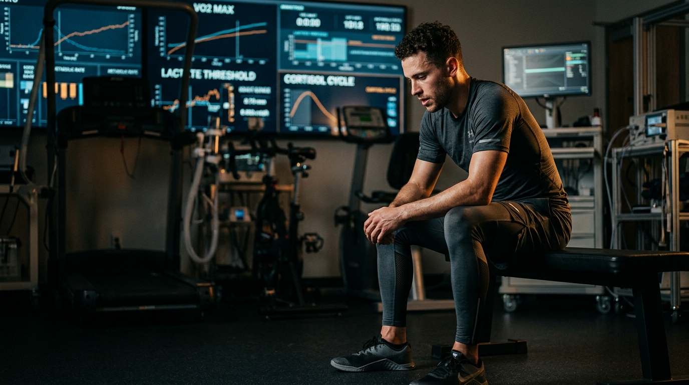 Cinematic editorial photo of an athlete seated on a bench in a high-tech metabolic human performance physiology lab