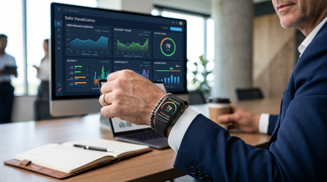 Executive wrist wearing modern fitness tracker displaying heart rate variability readiness score with clean data visualization dashboard in background