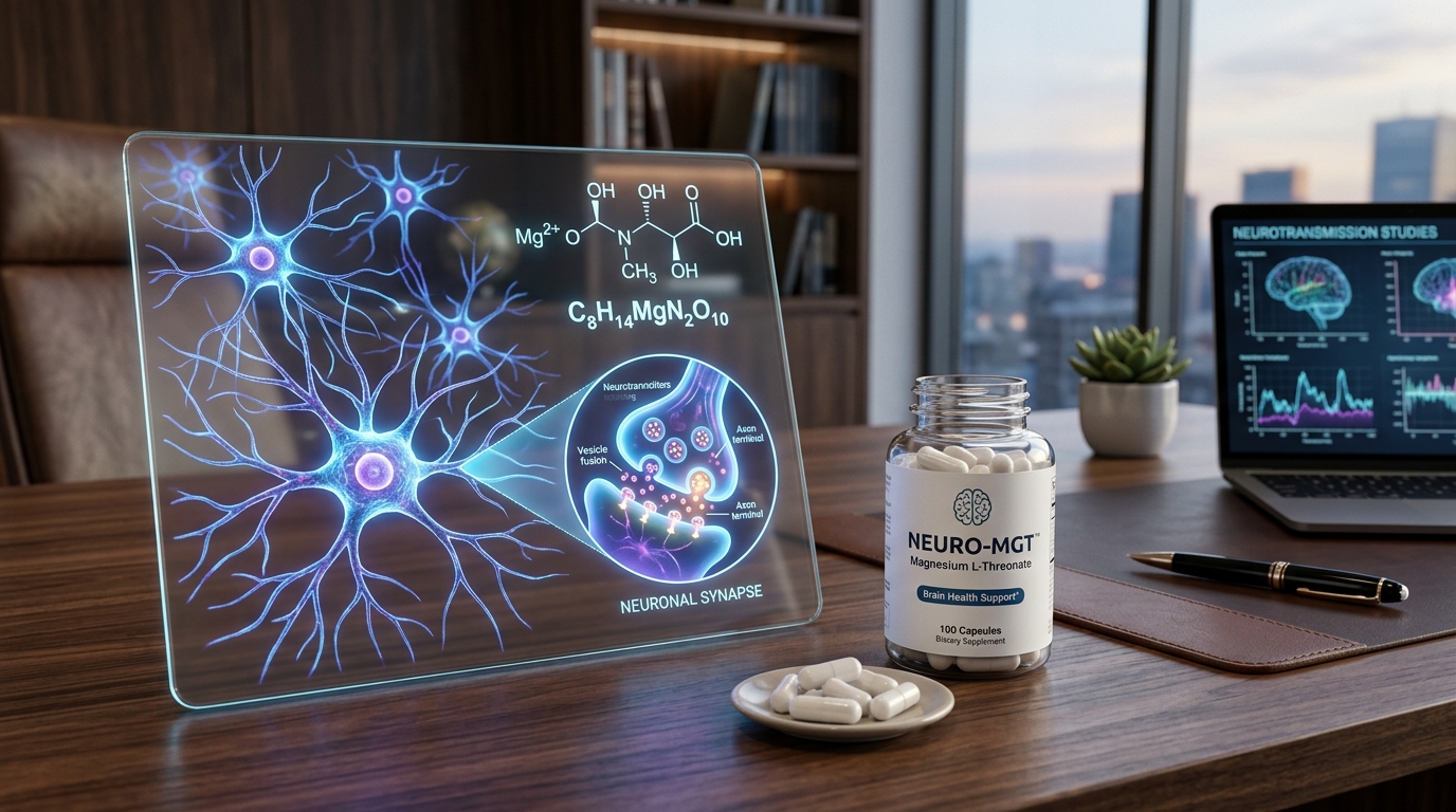 Magnesium L-threonate supplement capsules on executive desk with brain neuron synapse visualization and molecular formula in clean scientific style