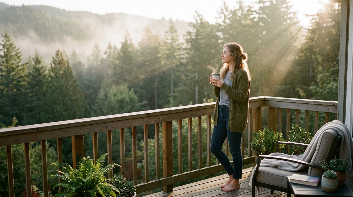 Person standing outdoors on scenic balcony in morning golden hour sunlight holding a warm mug with light rays filtering through misty trees