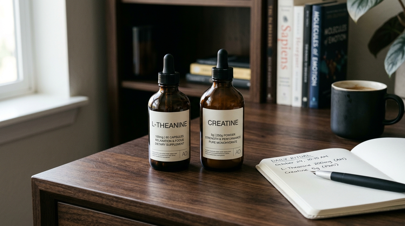 Evidence-based cognitive stack featuring amber dropper bottles, precision scale, and clean laboratory notes on nootropic bioenergetics