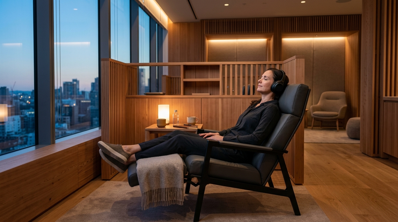 Serene executive rejuvenation lounge with modern ergonomic recliner, premium noise-cancelling headphones, and warm ambient lighting