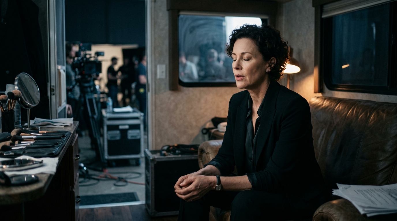 Cinematic editorial photo of a performer seated in a backstage studio trailer engaging in deep autonomic nervous system down-regulation