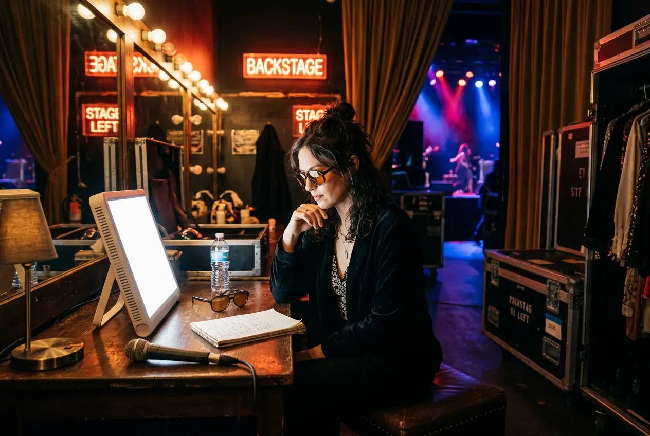 Cinematic editorial photo of a performer backstage during a nighttime tour production utilizing specialized light therapy and amber glasses