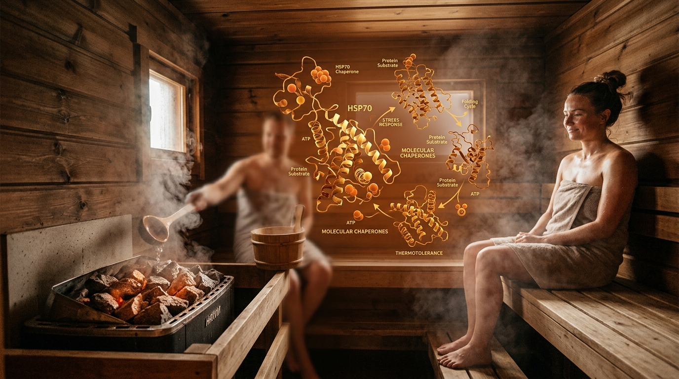 Finnish wooden sauna interior with heated rocks and steam with scientific heat shock protein molecular visualization overlay in warm amber tones