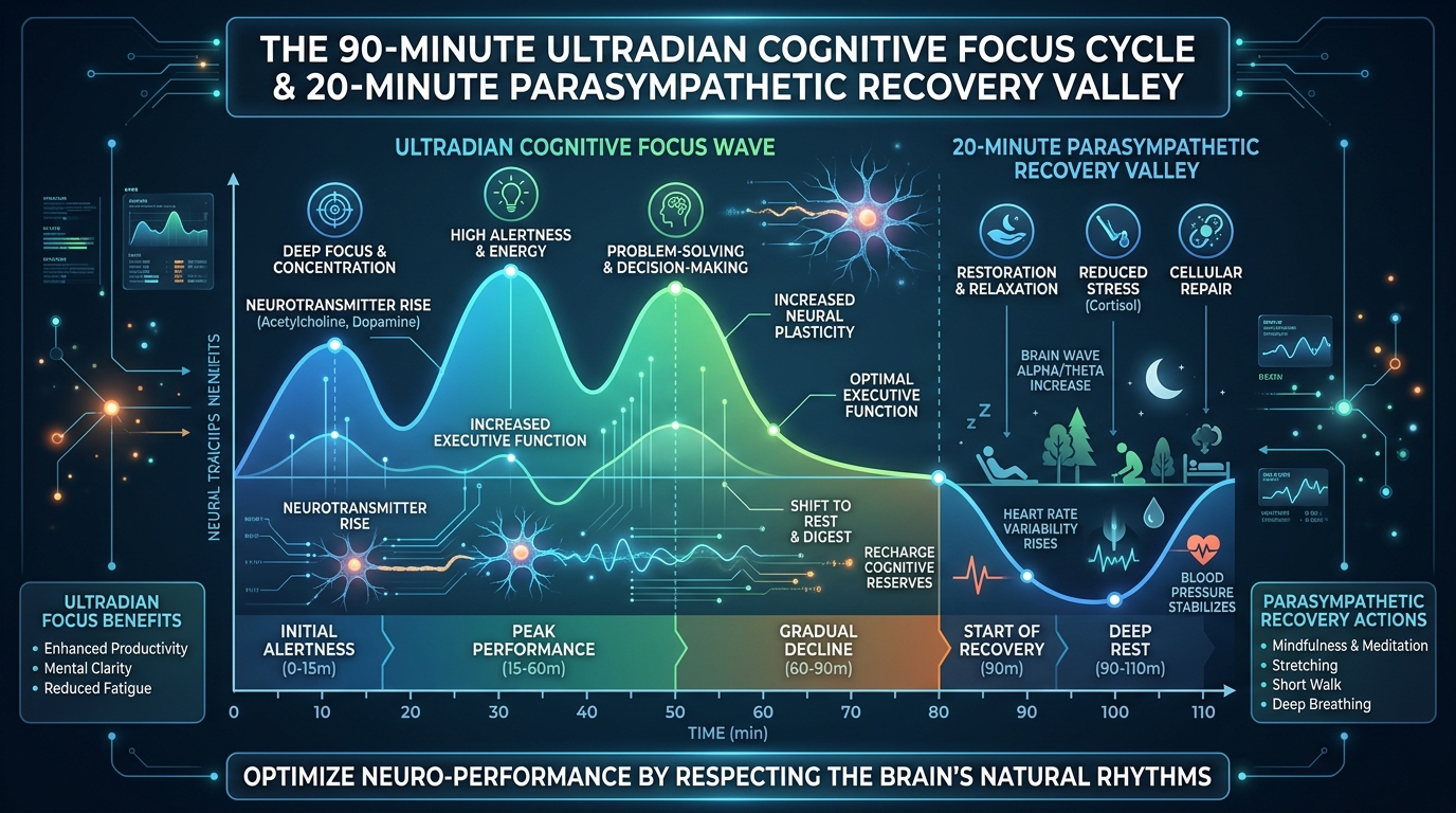 Infographic chart illustrating the 90-minute ultradian cognitive focus wave and 20-minute parasympathetic recovery valley